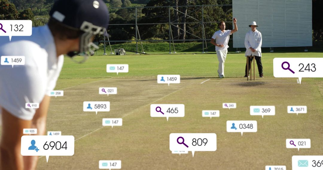 Cricketer on Field with Digital Interaction Icons Overlay - Free Images, Stock Photos and Pictures on Pikwizard.com