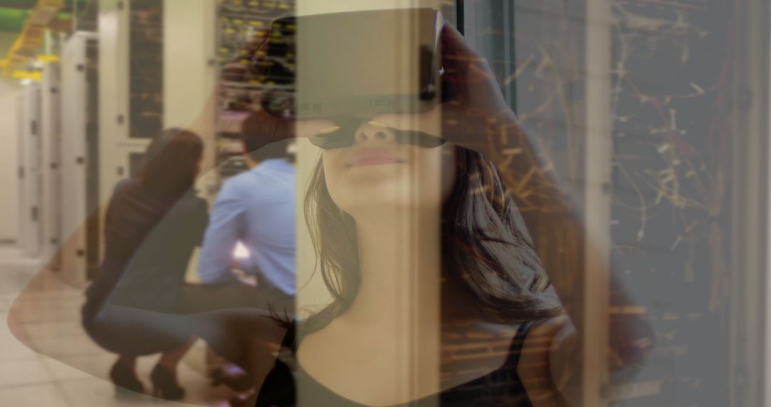 Woman Using VR Headset Overlayed on Data Center Technicians