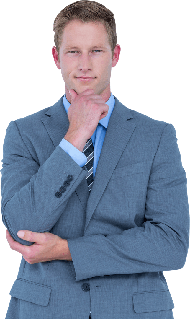 Thoughtful Businessman in a Suit with Hand on Chin Due to Transparent Background Focus