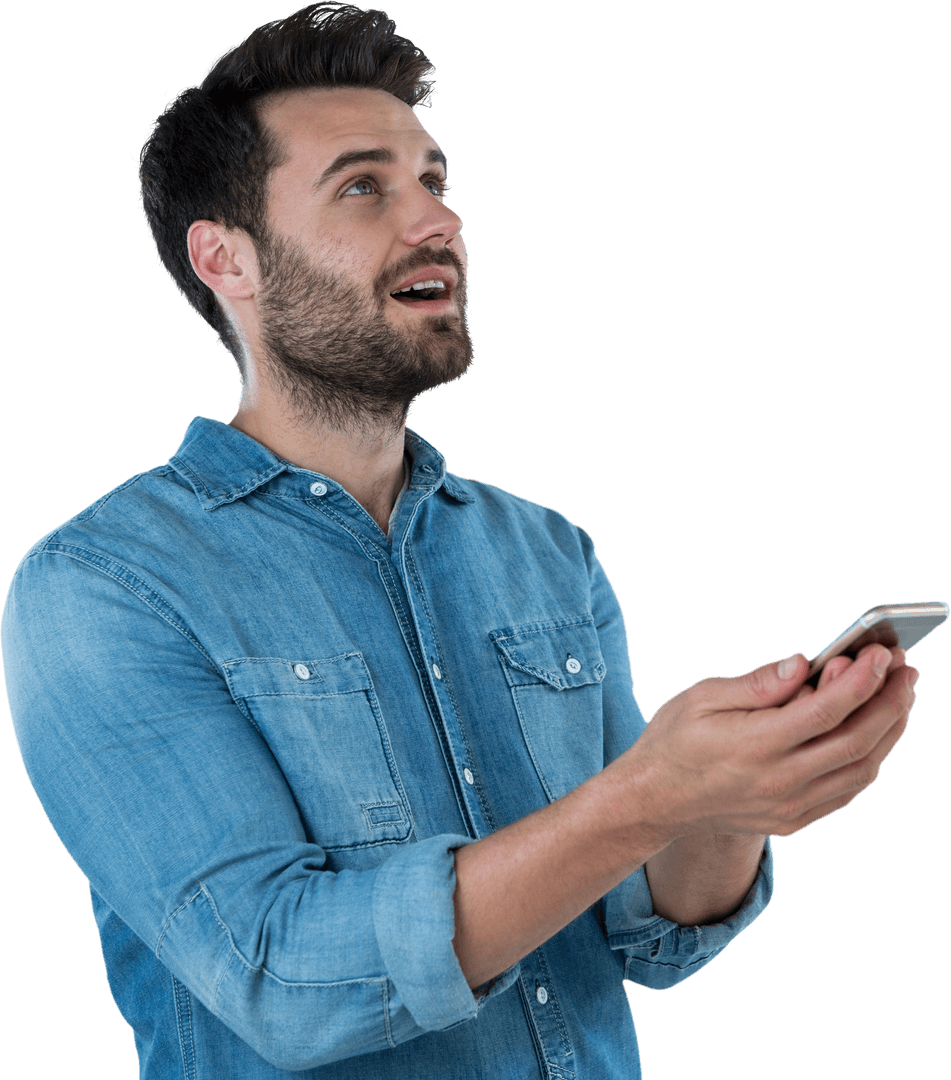 Young Man Looking Up Encouraged with Phone Transparent