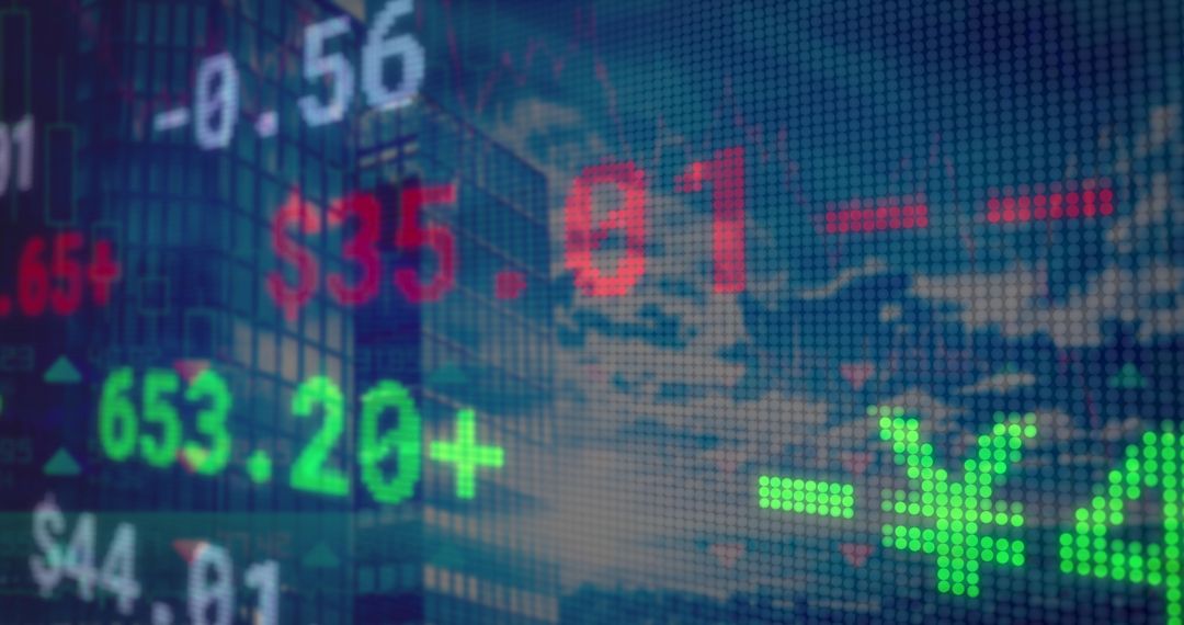 Digital Stock Market Screen Over Cityscape Buildings