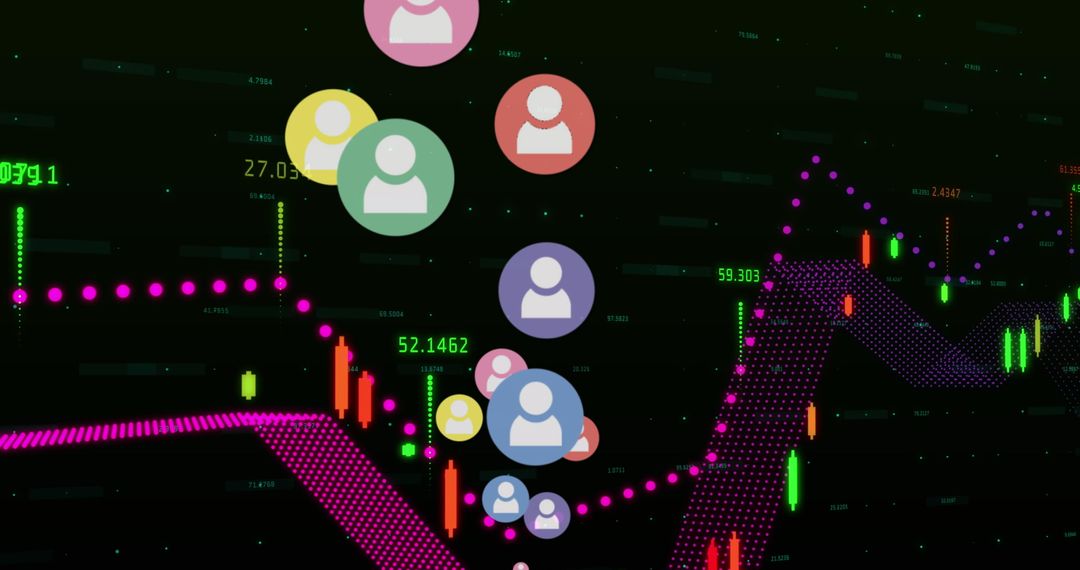 Colorful User Icons Over Virtual Stock Market Graphs