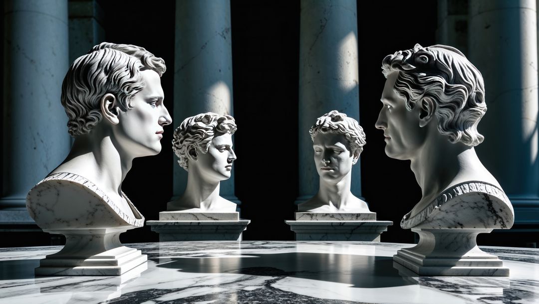 Four marble busts on display in historic gallery, talking heads theme