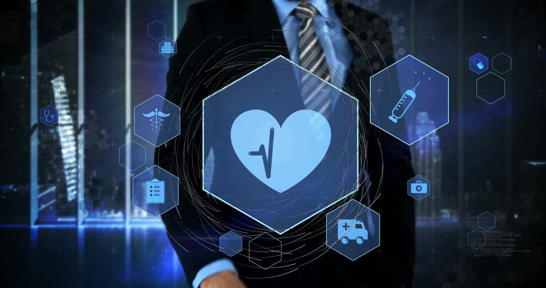 Business Leader with Futuristic Healthcare Holograms in Urban Night Scene