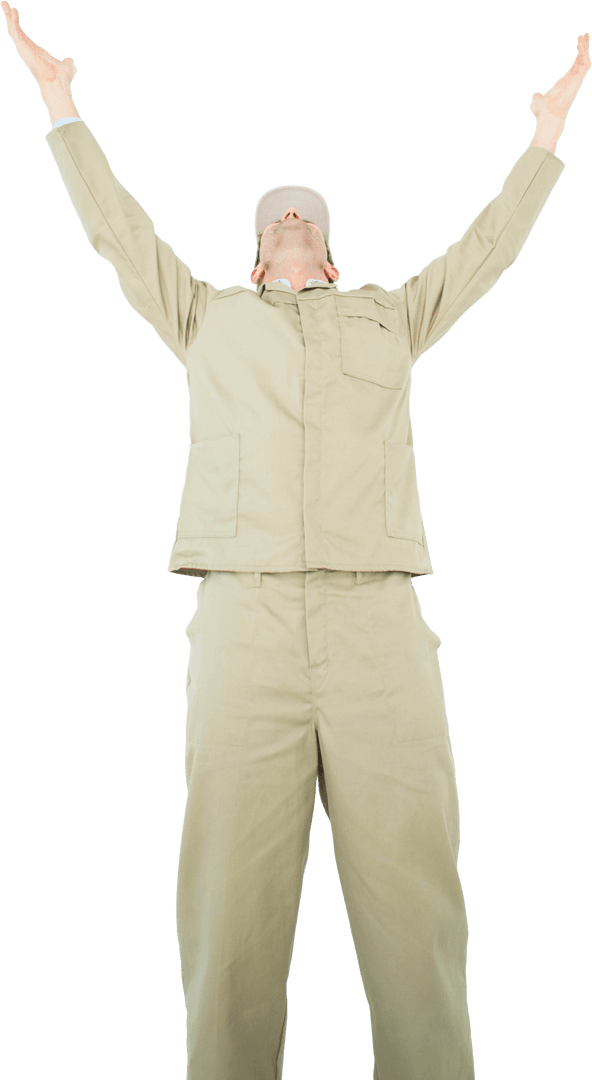 Expressive Delivery Man in Uniform with Arms Raised Transparent