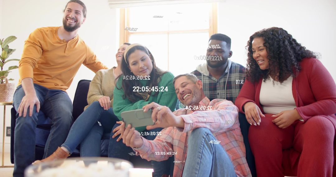 Friends Taking Casual Living Room Selfie with Digital Timecode Overlays, Laughing Together