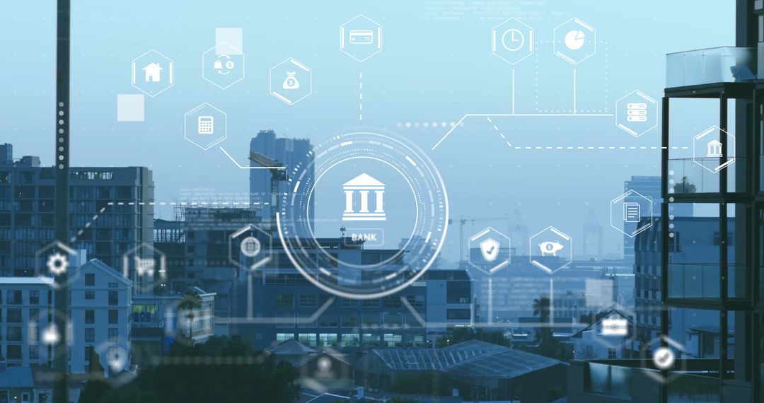 Digital Finance Icons Over Modern Cityscape