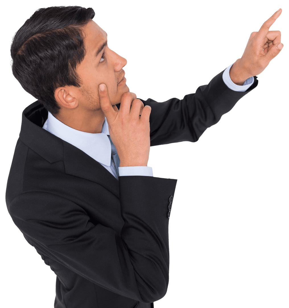 Contemplative Businessman Pointing on Transparent Background