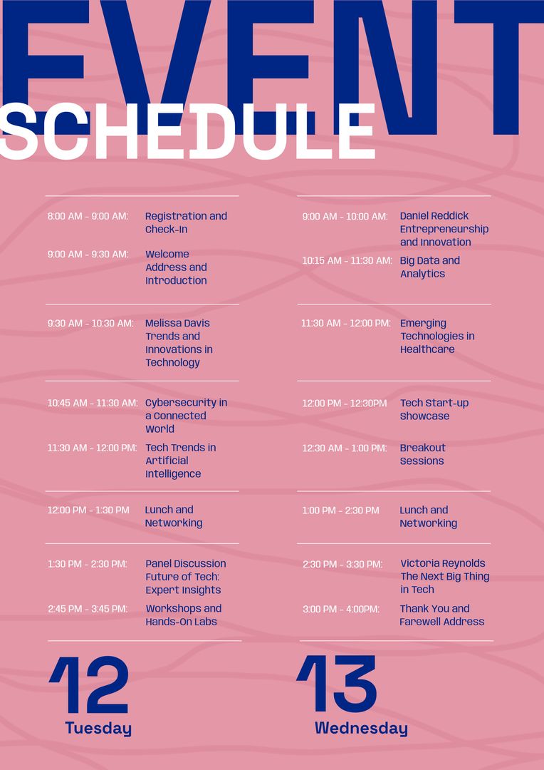 Two-Day Tech Event Schedule for Innovation and Entrepreneurship - Download Free Stock Templates Pikwizard.com