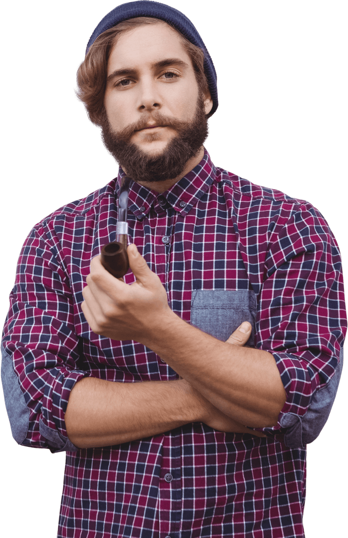 Transparent Hipster with Smoking Pipe and Beanie Expressing Confidence