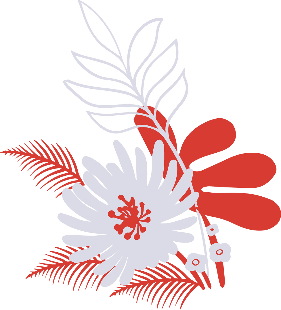 Minimalistic Floral Bouquet with Red Palm Fronds on Transparent Background