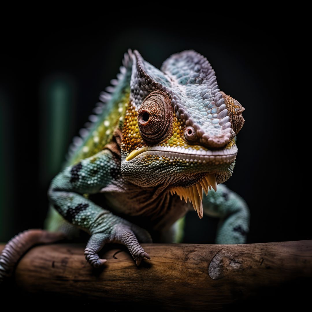 Close-Up of Colorful Chameleon on Branch in Dark Background - Free Images, Stock Photos and Pictures on Pikwizard.com