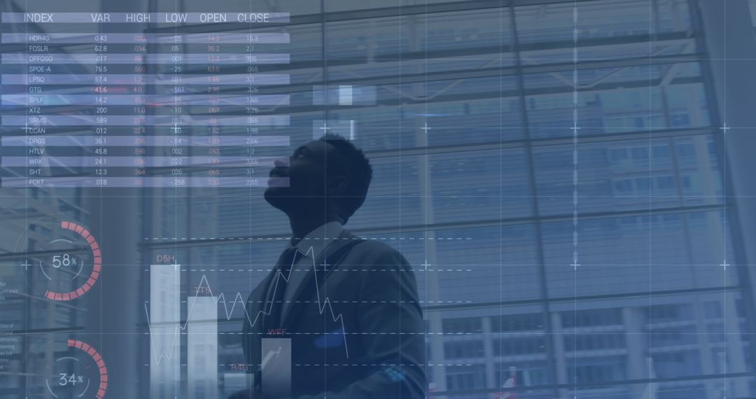 Digital Data Overlay with Businessman Against Glass Façade