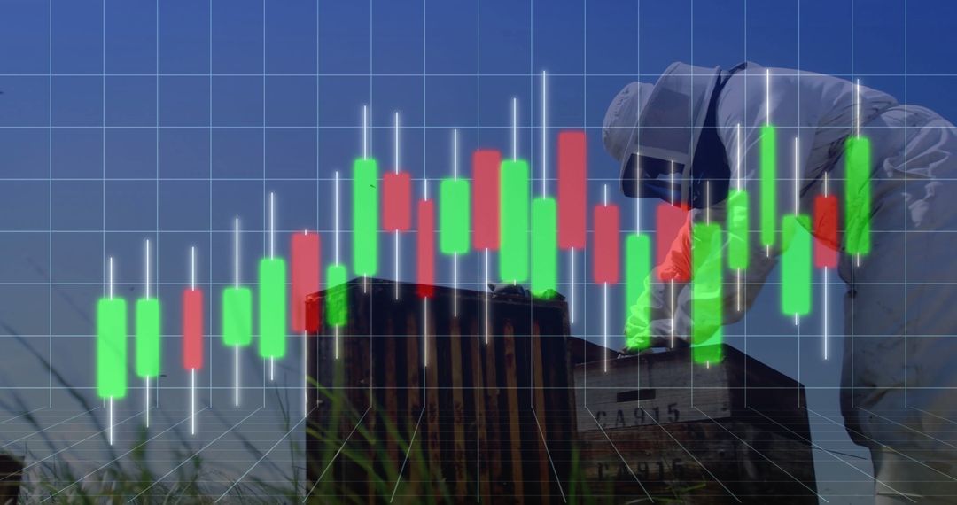 Beekeeper Examining Hives with Data Visualization Overlay