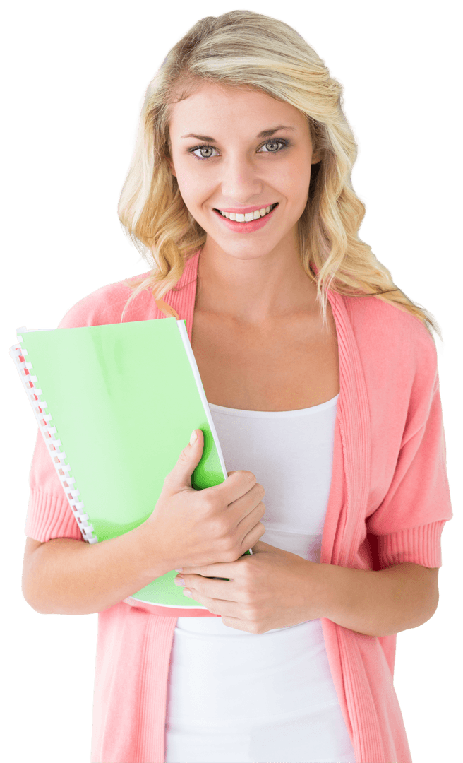 Smiling Professional Woman Holding Notebook on Transparent Background