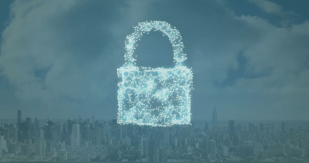 Digital Padlock Hologram Above Cityscape