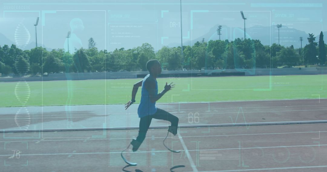 Athlete Running with Performance Data Overlay on Training Track