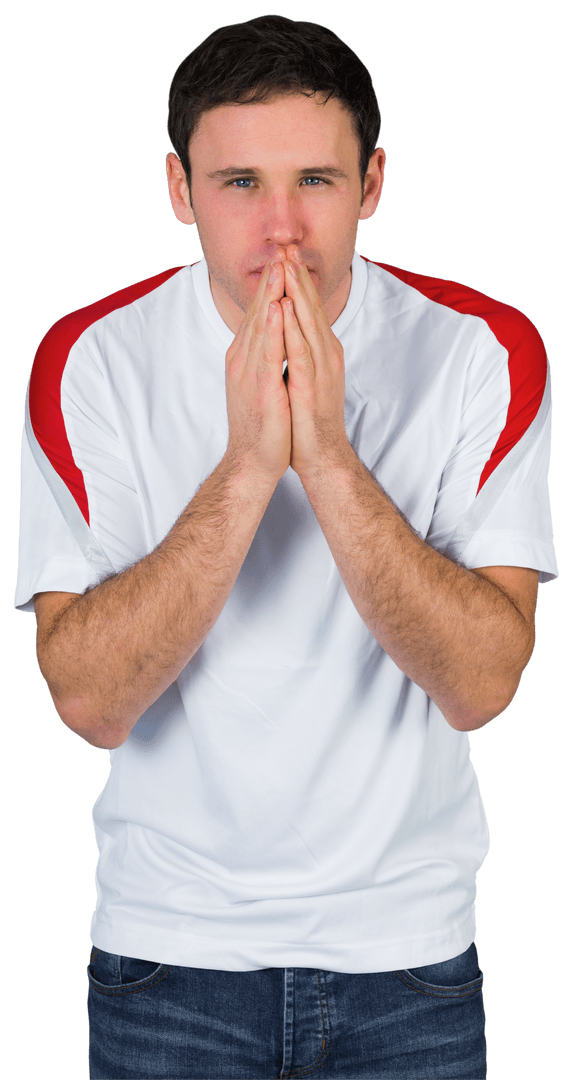 Transparent Background Nervous Football Fan in White Jersey