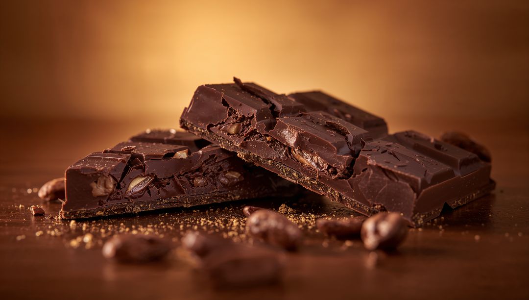Cracked Dark Chocolate Bars with Nuts on Wooden Table