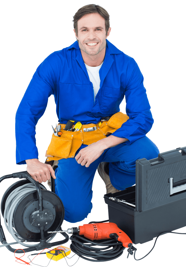Smiling Electrician in Blue Uniform with Toolbox and Tools on Transparent Background