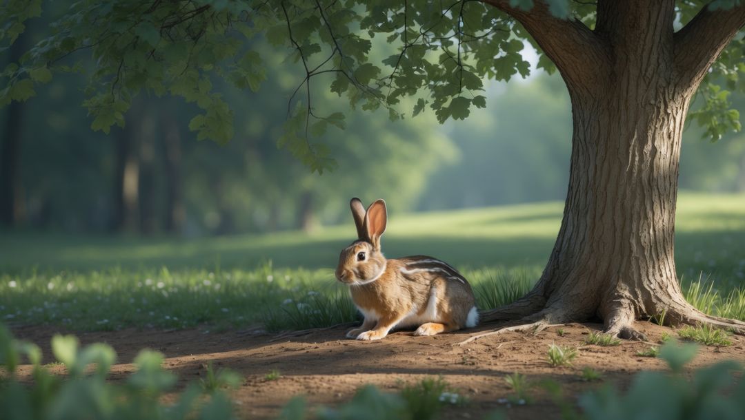 Magical cottontail rabbit in forest clearing with dappled sunlight