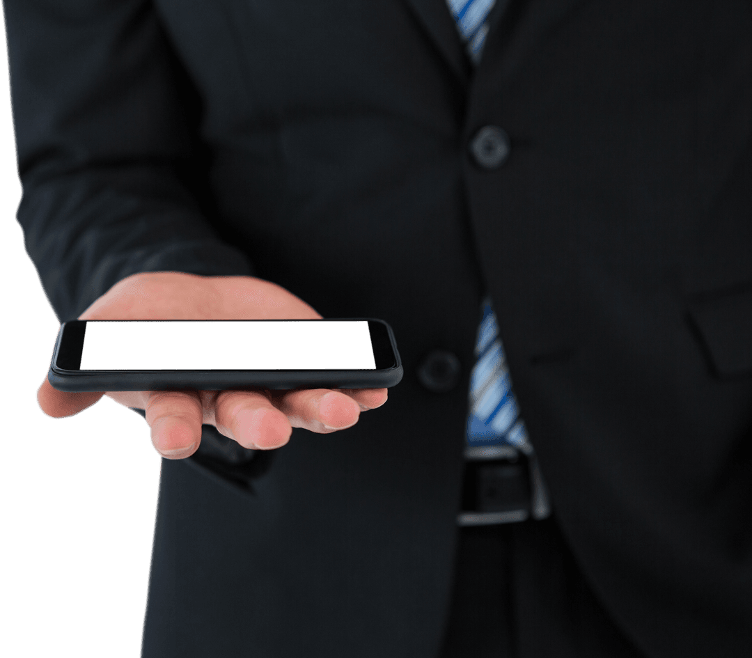 Transparent View Businessman Holding Smartphone in Hand Horizontally