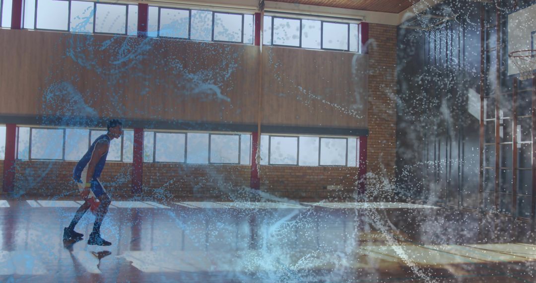 Basketball Player Dribbling Dynamically on Indoor Court with Water Splash Effects