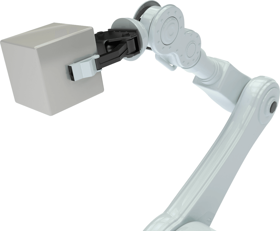 Transparent Industrial Robot Arm Holding Cube Symbolizing Future Technology