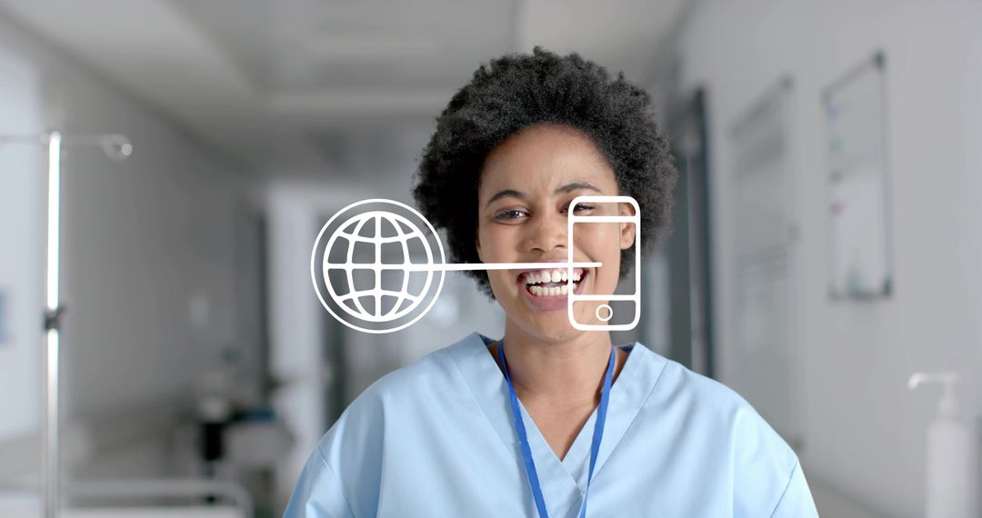 Nurse with Globe Phone Graphic Smiling in Hospital Corridor