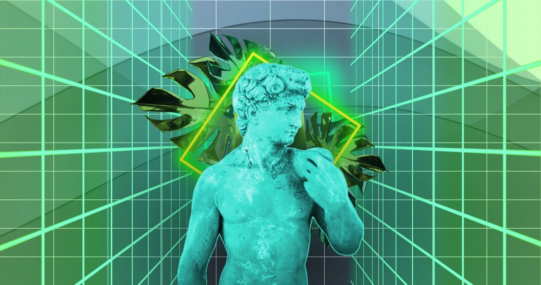 Futuristic Statue with Digital Grid and Geometry