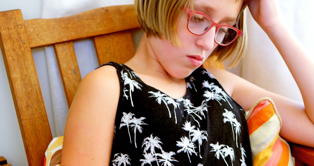 Young Girl with Glasses Reading Intently on Wooden Bench - Free Images, Stock Photos and Pictures on Pikwizard.com