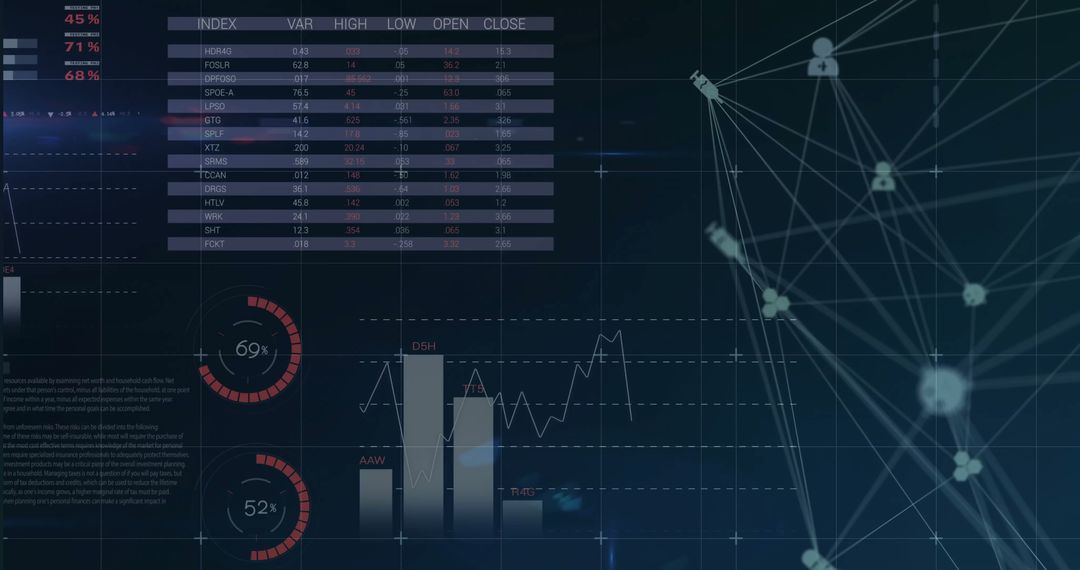 Futuristic Data Analytics Dashboard with Charts and Network Graph