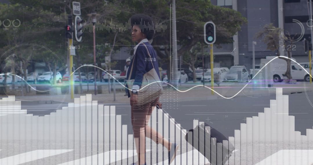 Businesswoman Walking Across Urban Crosswalk with Data Overlays