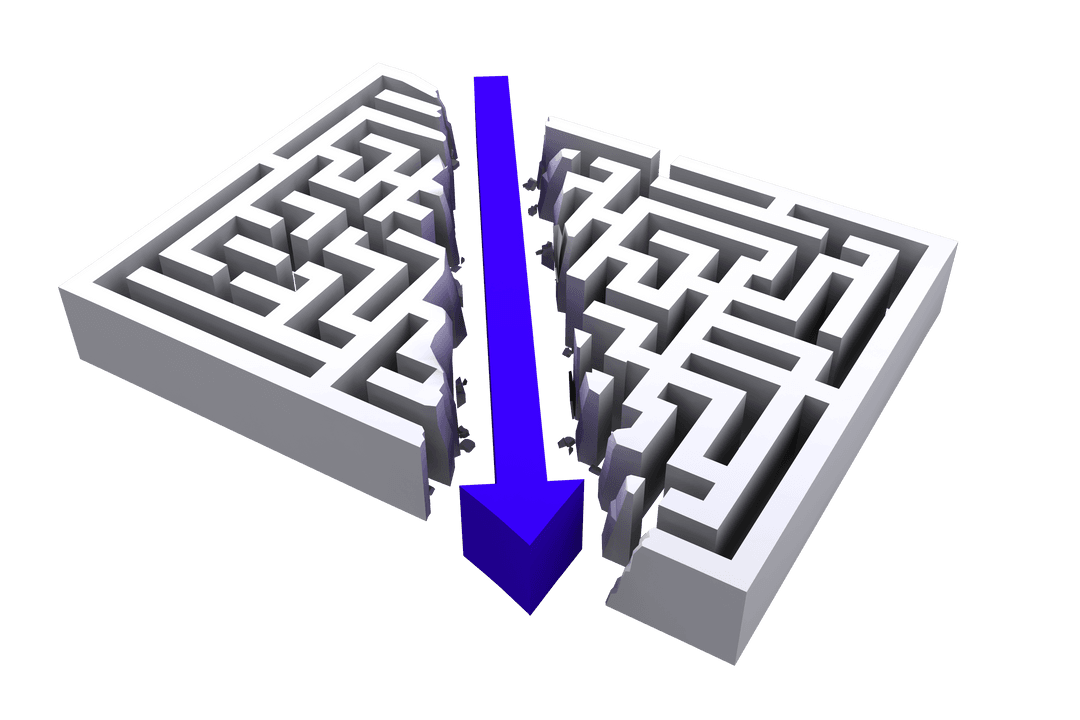 Blue Arrow Penetrates Maze on Transparent Background