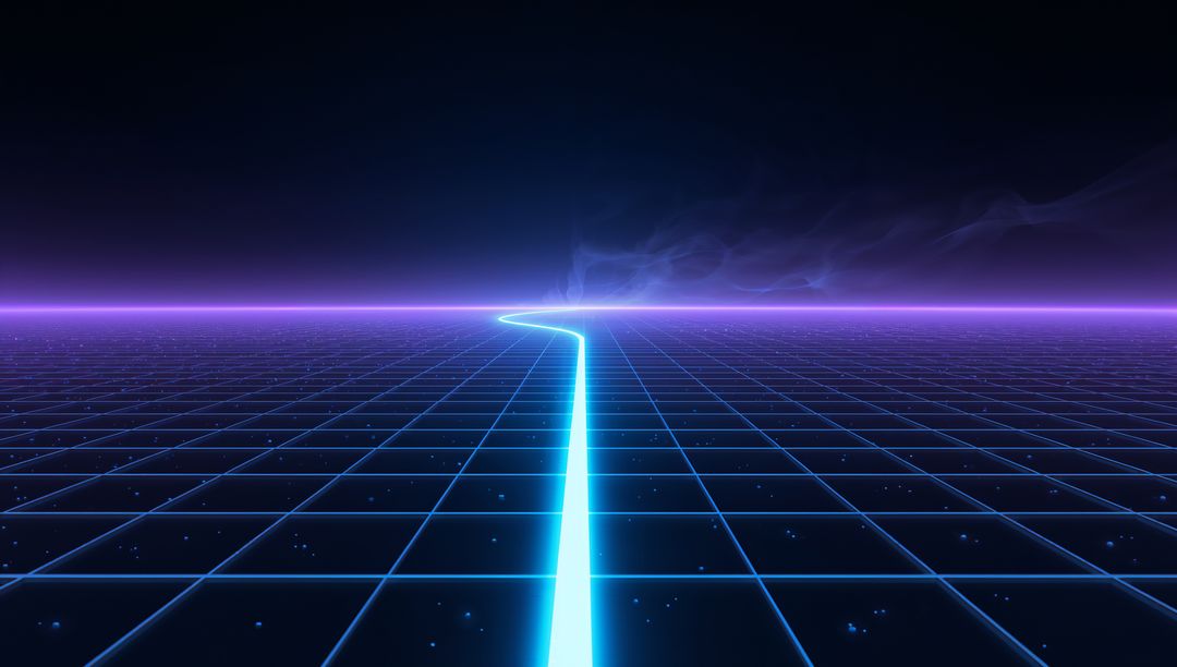 Cyan Neon Path Curving Through Retro-Futuristic Grid Toward Magenta Horizon Glow Vaporwave
