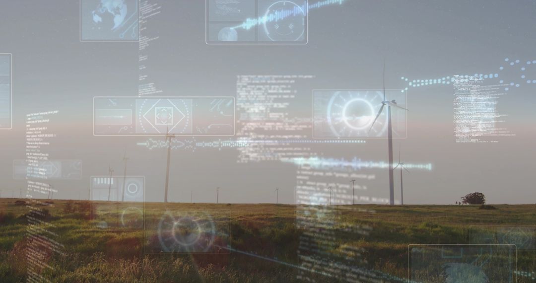 Wind turbine rotating on prairie at dawn with futuristic HUD energy data overlays for grid