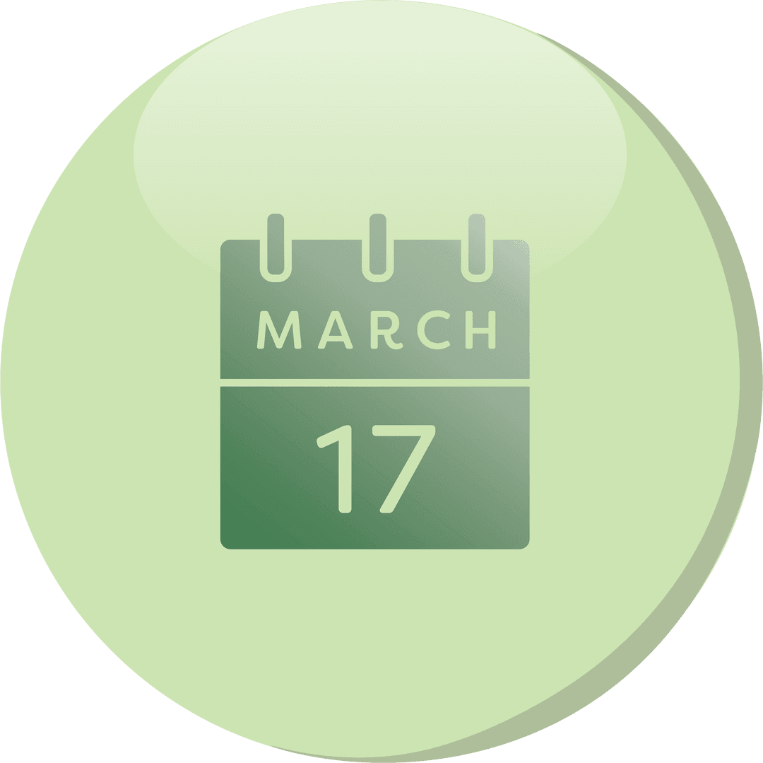 Digital Calendar Icon for March 17 on Transparent Green Background