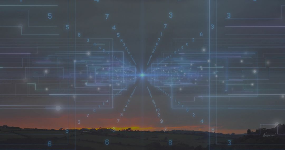 Holographic Data Node Projecting Neon Network Over Rural Dusk Horizon