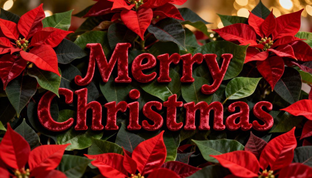 Velvet Merry Christmas sign nestled among red poinsettia leaves with warm bokeh lights