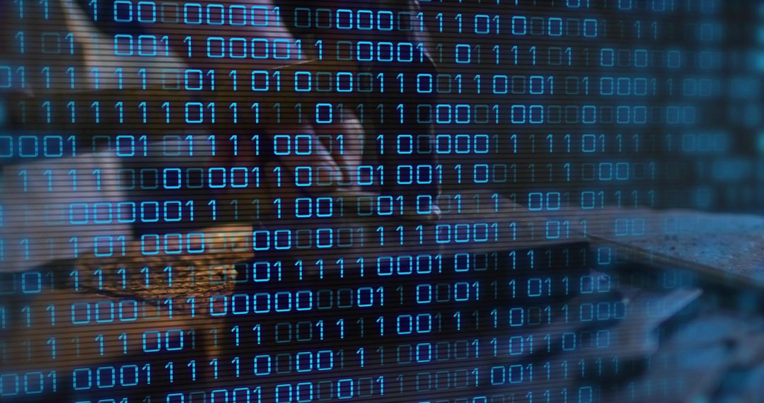 Female analyst coding on laptop with binary code overlay, cybersecurity low light