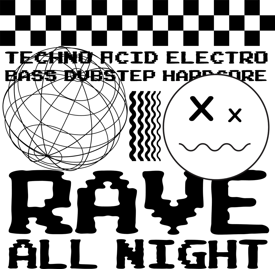 Energetic Transparent Rave Emblem with Text and Symbols