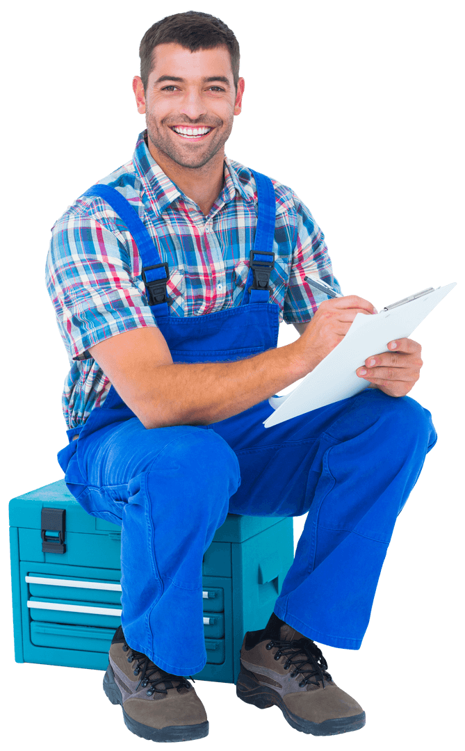 Smiling Plumber Writing on Clipboard in Transparent Background