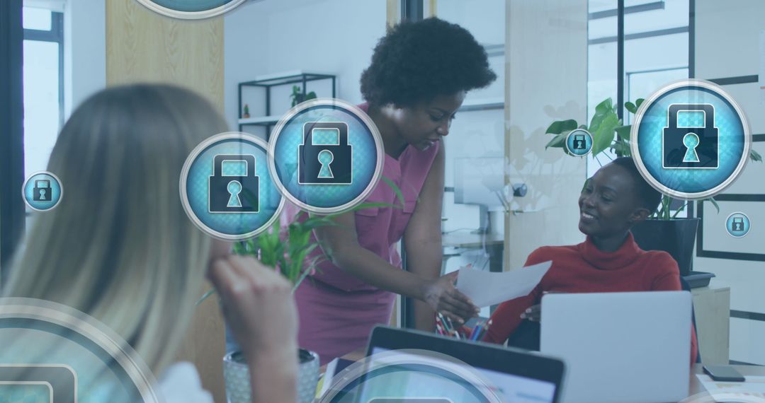 Digital Security Metaphor: Diverse Team Brainstorming in Modern Office