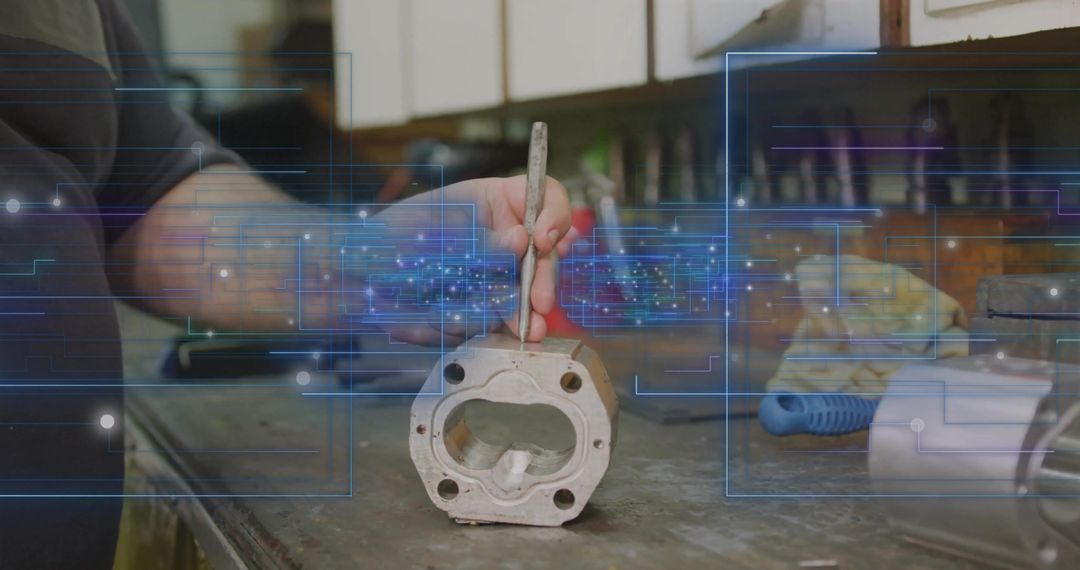 Mechanic Analyzing Cylinder Head with Pick Tool in Workshop