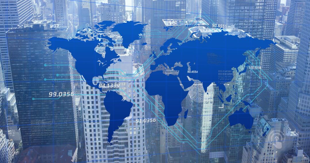 Digital Interface with World Map Overlay on Urban Skyline