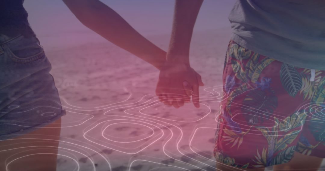 Romantic Beach Walk with Abstract Shapes Overlay