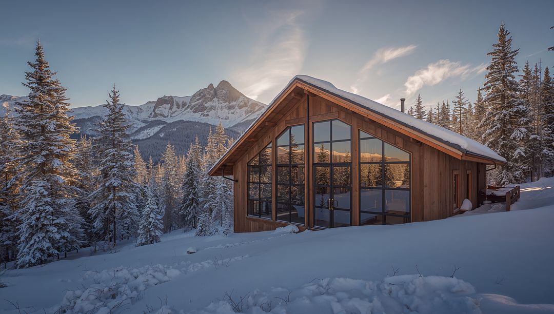 Alpine A-frame Cabin Reflecting Golden Sunset on Snow-Covered Mountain Slope