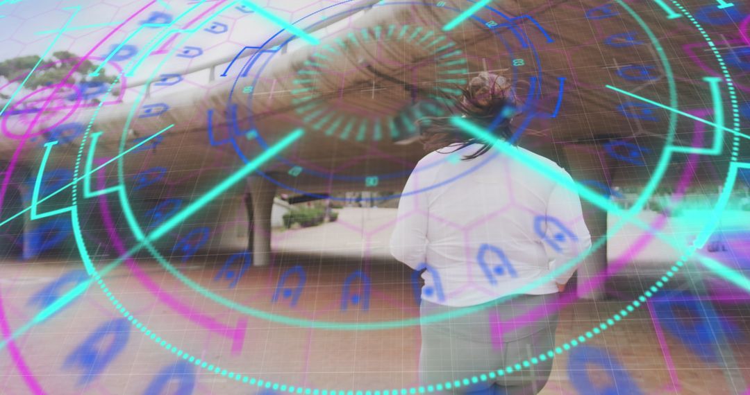 Digital Overlay on Plus-Size Woman Exercising Outdoors