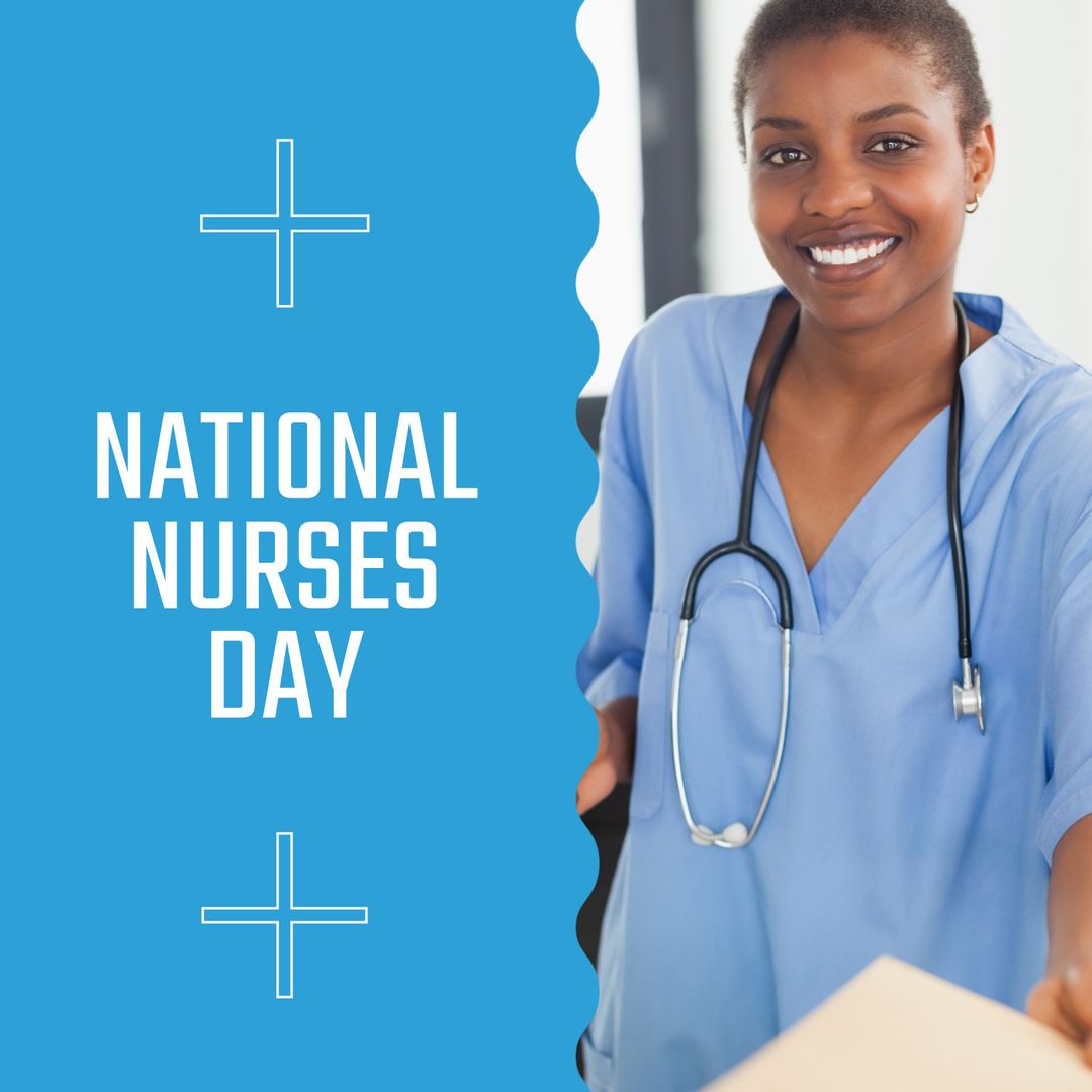 African American Nurse Celebrating National Nurses Day with Blue Background - Download Free Stock Templates Pikwizard.com