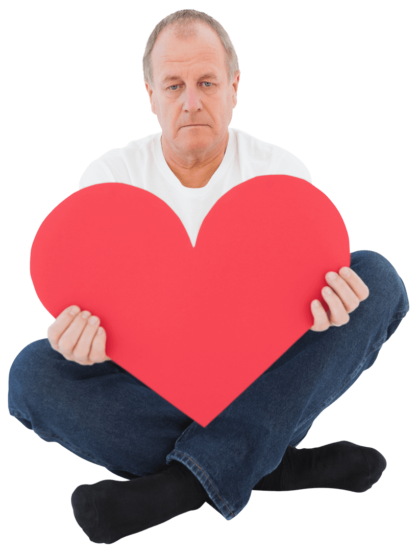 Upset Man Sitting Holding Transparent Heart Shape Prop